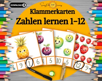 Zahlen lernen, Zahlen bis 12, Vorschule zählen lernen, Früchte zählen flashcards digitaler download, Lernkarten Zahlen Kindergarten Kita PDF