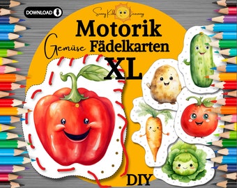 Fädelkarten Fädelspiel Gemüse, erstes Fädeln lernen, Motorikkarten Schnüren, Kleinkind Frühförderung Montessori download, Kind Bastelvorlage