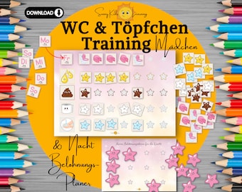 Töpfchentraining digitaler Download, WC + Töpfchenplan Lernhilfe sauber werden, Toilettentraining Belohnungsplan Mädchen rosa Kindergarten