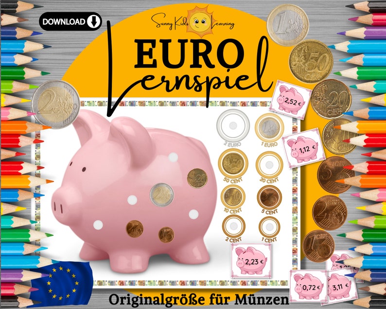 Geld zählen lernen, Spielgeld digital, Euro Lernspiel deutsch, Montessori Frühförderung Kinder Vorschule Kindergarten, Euro Busy book sparen zdjęcie 1