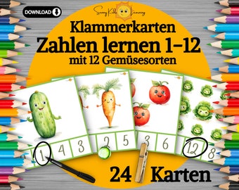 Zahlen lernen, Zahlen 1 - 12, Vorschule zählen lernen, Gemüse zählen flashcards digitaler download, Lernkarten Ziffern Kindergarten Kita PDF