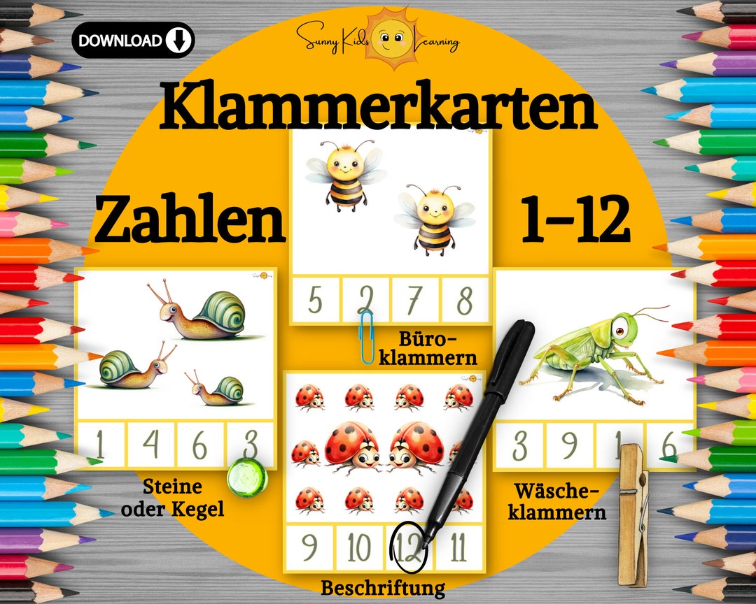 Zahlen lernen, Klammerkarten Zahlen 1 bis 12 lernen, Zahlen flashcards
