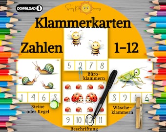 Zahlen lernen, Klammerkarten Zahlen 1 bis 12 lernen, Zahlen flashcards digitaler download, Lernkarten Zahlen Kita Vorschule Kindergarten pdf