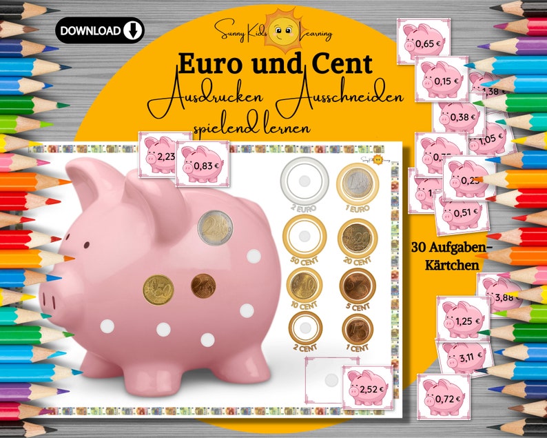 Geld zählen lernen, Spielgeld digital, Euro Lernspiel deutsch, Montessori Frühförderung Kinder Vorschule Kindergarten, Euro Busy book sparen zdjęcie 3