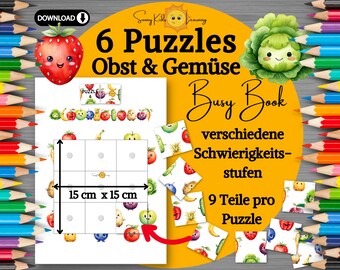 Obst Gemüse Puzzle, Obst Gemüse lernen Motorikkarten, Kleinkind Puzzles, Frühförderung Montessori download, Kita Kindergarten pdf, busy book