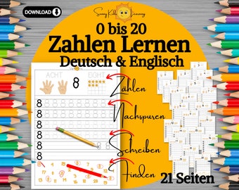 May include: A printable worksheet for learning numbers 0 to 20 in German and English. The worksheet includes tracing, counting, and finding activities. The title of the worksheet is "0 bis 20 Zahlen Lernen Deutsch & Englisch" and it states that there are 21 pages.