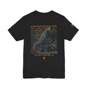 Haleakala topographic map shirt shown in black, navy, olive, and white. Unisex Maui Hawaii national park tee for hikers, travelers, and nature lovers.