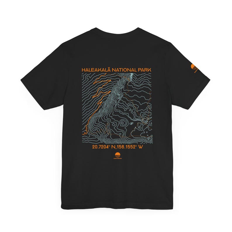 Haleakala topographic map shirt shown in black, navy, olive, and white. Unisex Maui Hawaii national park tee for hikers, travelers, and nature lovers.
