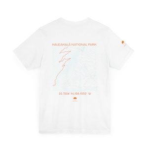 Haleakala topographic map shirt shown in black, navy, olive, and white. Unisex Maui Hawaii national park tee for hikers, travelers, and nature lovers.