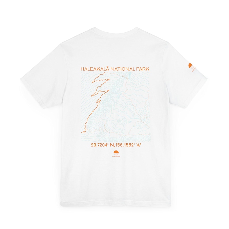 Haleakala topographic map shirt shown in black, navy, olive, and white. Unisex Maui Hawaii national park tee for hikers, travelers, and nature lovers.