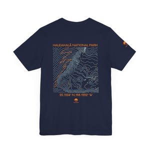 Haleakala topographic map shirt shown in black, navy, olive, and white. Unisex Maui Hawaii national park tee for hikers, travelers, and nature lovers.