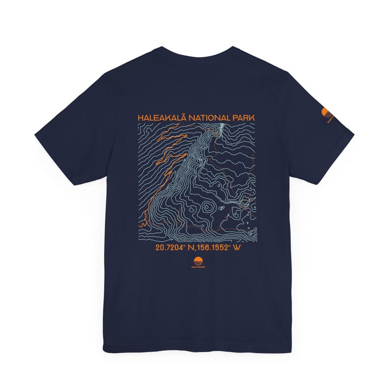 Haleakala topographic map shirt shown in black, navy, olive, and white. Unisex Maui Hawaii national park tee for hikers, travelers, and nature lovers.