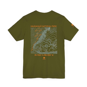 Haleakala topographic map shirt shown in black, navy, olive, and white. Unisex Maui Hawaii national park tee for hikers, travelers, and nature lovers.