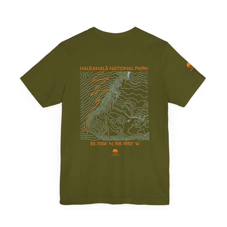 Haleakala topographic map shirt shown in black, navy, olive, and white. Unisex Maui Hawaii national park tee for hikers, travelers, and nature lovers.