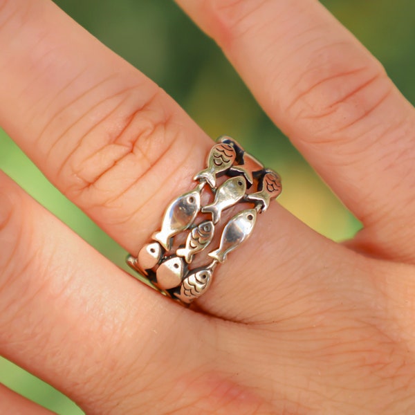 Fish Ring | Beach Rings for Men and Women, Sterling Silver, Beach Themed Jewelry, School of Fish