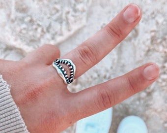 Bague mâchoire de requin | Bagues requin pour homme et femme, argent sterling, bijoux sur le thème de la plage