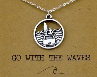 Round Waves Necklace Car & Surfer | Go With The Waves, Beach Ocean Theme, Shark Jewelry for Men or Women , Beach Themed Jewelry