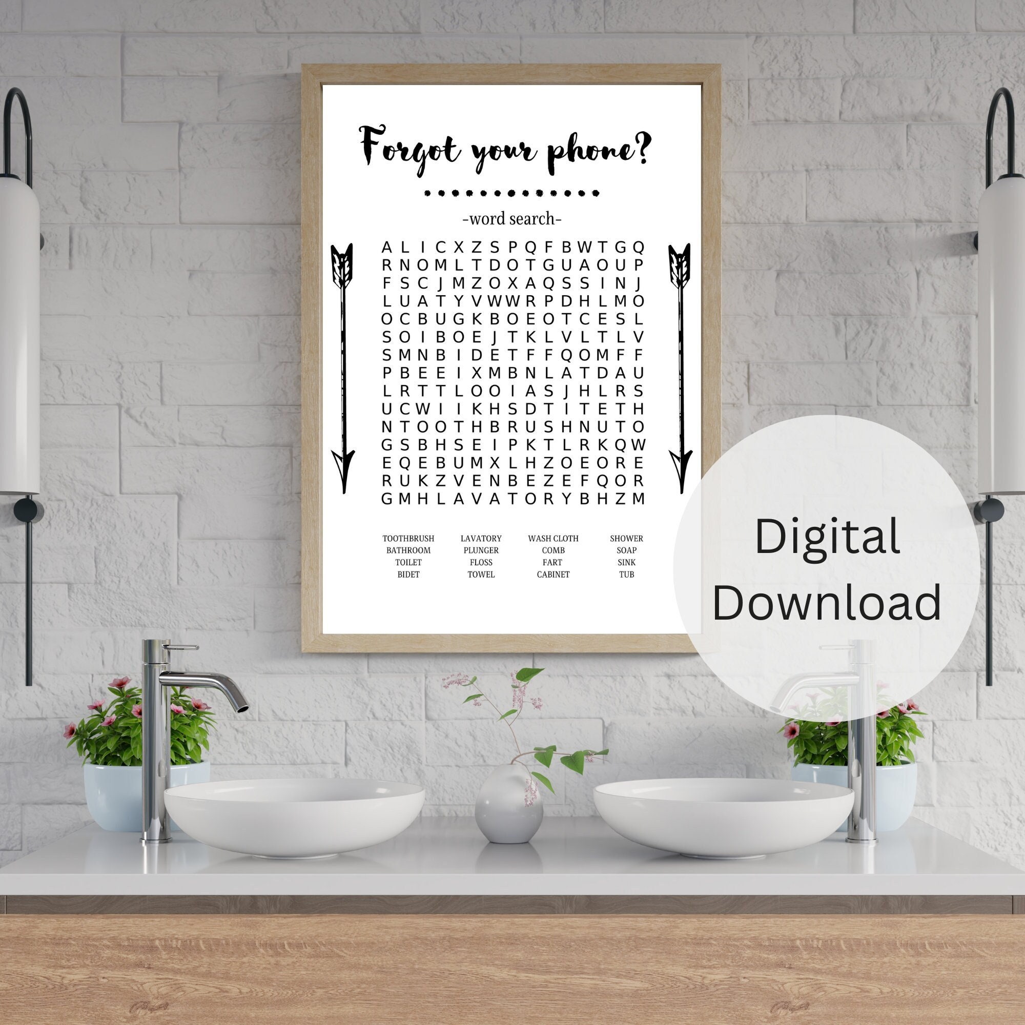 Bathroom Word Search Printable Wall Art Bathroom Decor Hangable Art ...