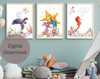 Nursery Ocean Themed Printable Wall Art | Sea turtle Wall art | Sea Horse Nursery theme | Star Fish Themed Nursery