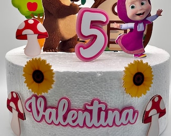 Topo de bolo com tema de menina e urso - Decoração de festa feita à mão.