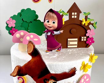 Topo de bolo com tema de menina e urso - Decoração de festa feita à mão.