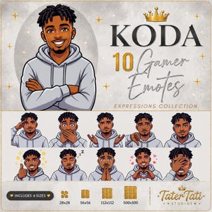 Peut inclure: Une collection numérique de 10 émoticônes de joueur Koda représentant un personnage aux cheveux foncés avec un sweat à capuche gris. L'ensemble inclut diverses expressions comme le salut, le pouce levé et les mains en cœur. Texte : KODA 10 Gamer Emotes.