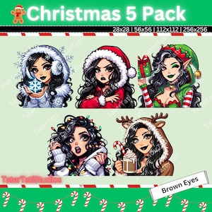 Twitch Emotes | Christmas Starter Emote Pack | Wavy Black Hair | Blue, Brown, and Green Eyes