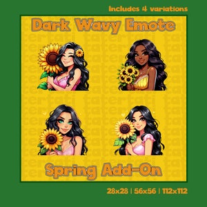 Puede incluir: Ilustración digital con cuatro variaciones de un personaje de pelo oscuro y ondulado sosteniendo girasoles. El texto "Dark Wavy Emote" y "Spring Add-On" está presente. Dimensiones: 28x28, 56x56 y 112x112 píxeles.