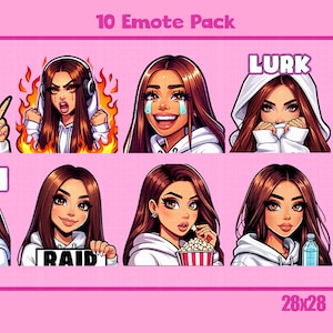 Puede incluir: Un conjunto de 10 emojis animados que representan a una mujer de dibujos animados con cabello castaño que lleva una sudadera con capucha blanca. Los emojis representan diferentes expresiones y acciones, incluyendo GG, Lurk, Hype, Raid y Hi. Los emojis están disponibles en tres tamaños: 28x28, 56x56 y 112x112.