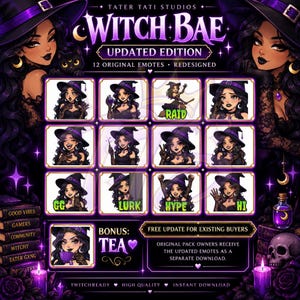 May include: A digital art collection titled Witch Bae Updated Edition featuring 12 redesigned witch emotes with purple and black themes. The set includes various expressions and poses, with text labels like Raid, GG, Lurk, Hype, Hi, and Tea included.