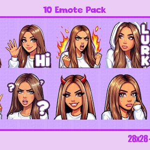 Puede incluir: Un conjunto de 10 emojis animados que muestran a una mujer con cabello castaño en diferentes poses y expresiones. Los emojis incluyen "Hi", "GG", "Lurk", "Hype" y más. El texto "TaterTati" y "28x28 - 56x56 - 112x112" también se incluyen en la imagen.