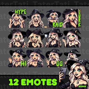 Puede incluir: Doce emoticonos animados de bruja con diferentes expresiones, incluyendo "Hype", "Raid", "Lurk", "Hi", "GG", y un emoticono de bonificación de una bruja tomando una selfie. Los emoticonos están diseñados en un estilo de dibujos animados con colores blanco y negro.