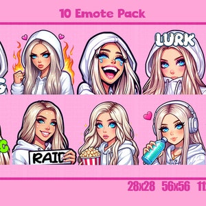 Op de afbeelding: Een set van 10 geanimeerde Twitch-emotes met een blonde vrouw in een witte hoodie. De emotes omvatten "GG", "Lurk", "Raid", "Hype", "Toxic" en meer. De emotes zijn beschikbaar in verschillende formaten, waaronder 28x28, 56x56, 112x112 en 256x256 pixels.
