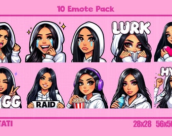 Twitch Emotes | 10 Emote Pack | Dark Hair | Straight Hair | Brown Eyes