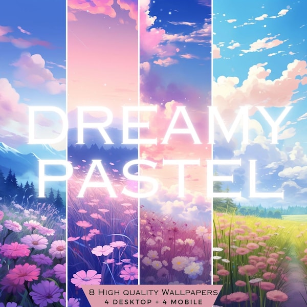 Dreamy Pastel Paradise Digital Wallpaper Pack - 8 Aesthetic Lofi and Cute Anime Wallpapers for Phones and Desktops - Instant Download