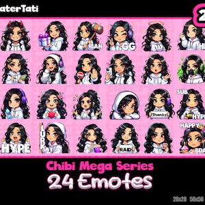 Mega Emote Pack | Chibi Emote | 24 pack |Brown Eyes / Dark Wavy Hair