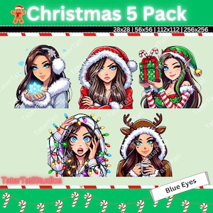 Twitch Emotes | Christmas Starter Emote Pack | Straight Brown Hair | Blue, Brown, and Green Eyes
