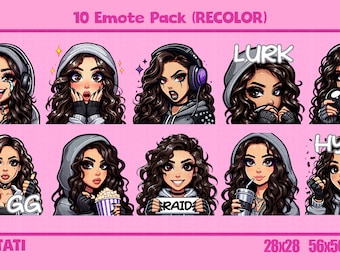 Twitch Emotes | 10 Emote Pack | Dark Brown Hair | Curly Hair | Brown Eyes | Grunge Style (Recolor)