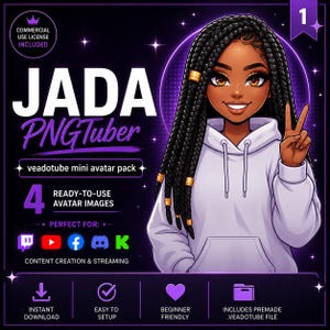 May include: A digital illustration of a character named Jada, a PNGTuber avatar pack featuring a person with long black braided hair with gold beads, wearing a light purple hoodie, making a peace sign. Text includes JADA PNGTuber.