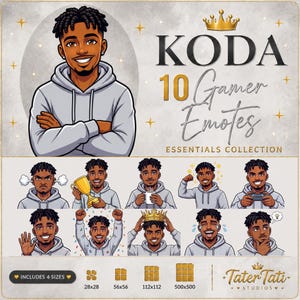 Pode incluir: Uma coleção digital de 10 emotes de jogador Koda com um personagem em um moletom cinza. O conjunto inclui várias expressões como segurar um troféu, beber café, flexionar, jogar, acenar, celebrar, usar uma coroa e pensar.