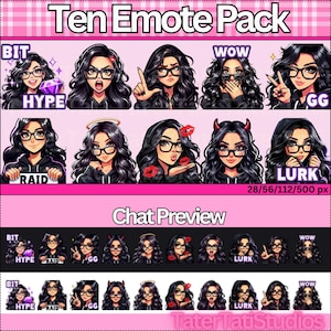 Twitch エモート | 10 エモート パック | 黒髪 | ウェーブヘア | メガネ | 茶色の目