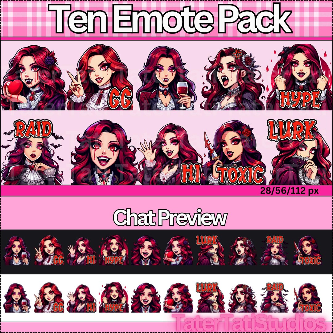 Vamp Bae Vampire Emote Pack Red Hair Twitch Emotes 10 Emotes Crimson