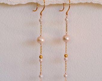 14k Gold-Filled Freshwater Pearl Drop Earrings: Handmade Dainty Chain