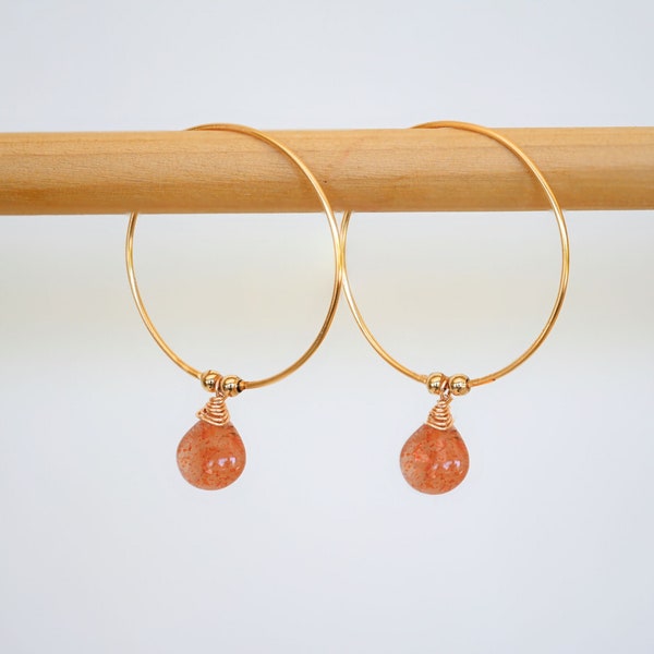 Gold Hoop Earrings with Sunstone Teardrop: Hand-Forged