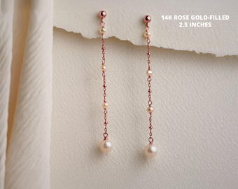 Rose Gold-Filled Pearl Drop Earrings: Freshwater Satellite Chain