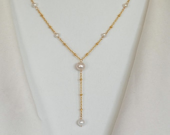 14k Yellow Gold Filled Pearl Lariat Y Necklace: Freshwater Pearl Drop