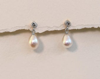 Sterling Silver Teardrop Pearl Earrings: CZ Bridal Jewelry