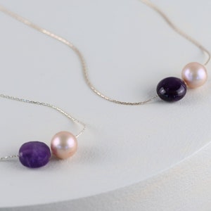 Amethyst and Freshwater Pearl Necklace | Dainty Sterling Silver Chain | Amethyst Necklace | Pearl Necklace | Amethyst and Pearl Choker |
