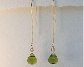 Gold Filled Threader Earrings: Olivine Swarovski Crystal Dangle