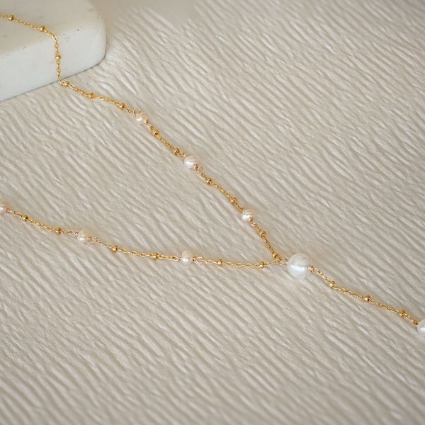 Collier Lariat en or et pendants de perles | Collier goutte de perles | Collier de perles superposées | Collier tendance | Bijoux de mariée | Cadeau de demoiselle d'honneur |